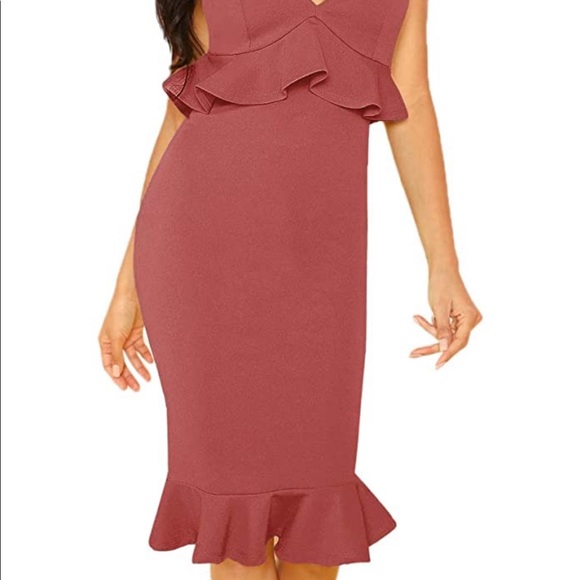 Women's V Neck Ruffle Hem Fishtail Bodycon Dress - Picture 5 of 12